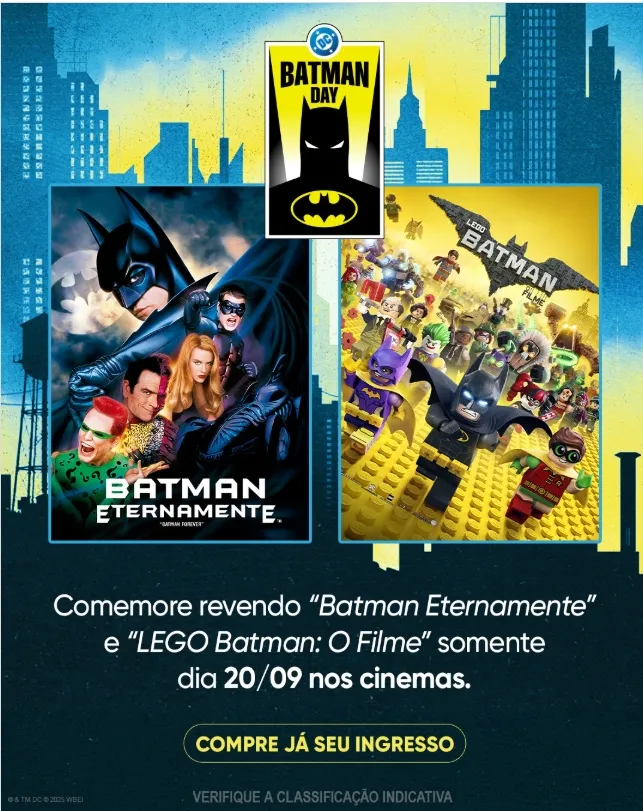 Batman Day: Warner Bros. Pictures celebra dia especial com reexibição de 'Lego Batman: O Filme' E 'Batman Eternamente' nos Cinemas