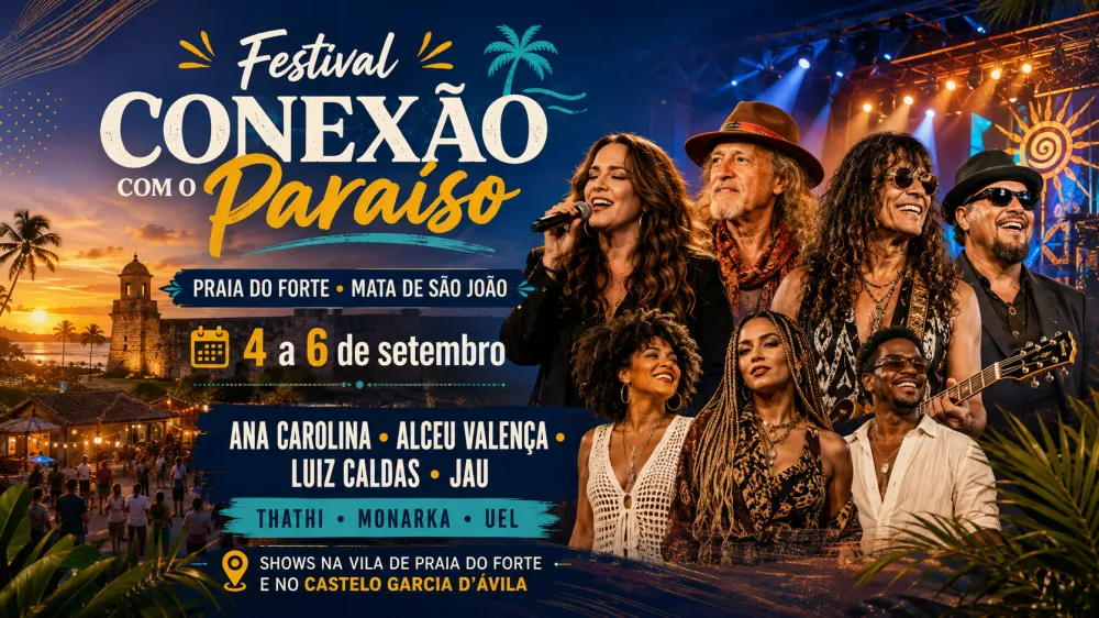 Festival Conexão com o Paraíso reúne Ana Carolina, Alceu Valença, Luiz Caldas e Jau em Praia do Forte