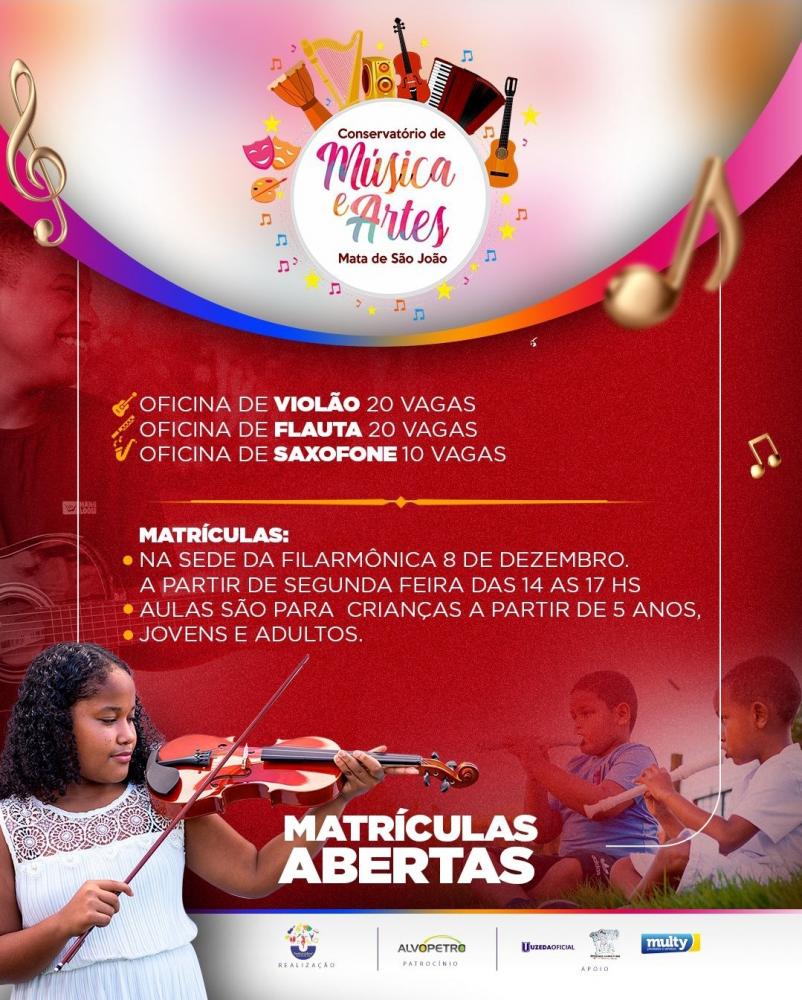 CONSERVATORIO DE MUSICA E ARTES ABRE INSCRIÇÕES PARA NOVOS ALUNOS EM MATA DE SÃO JOÃO