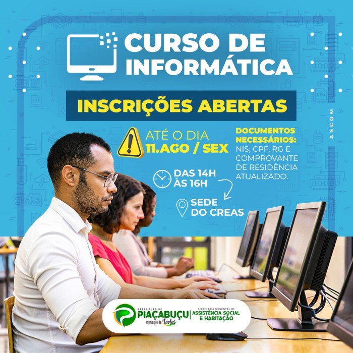 Prefeitura de Piaçabuçu abre inscrições para o Curso de Informática Básica